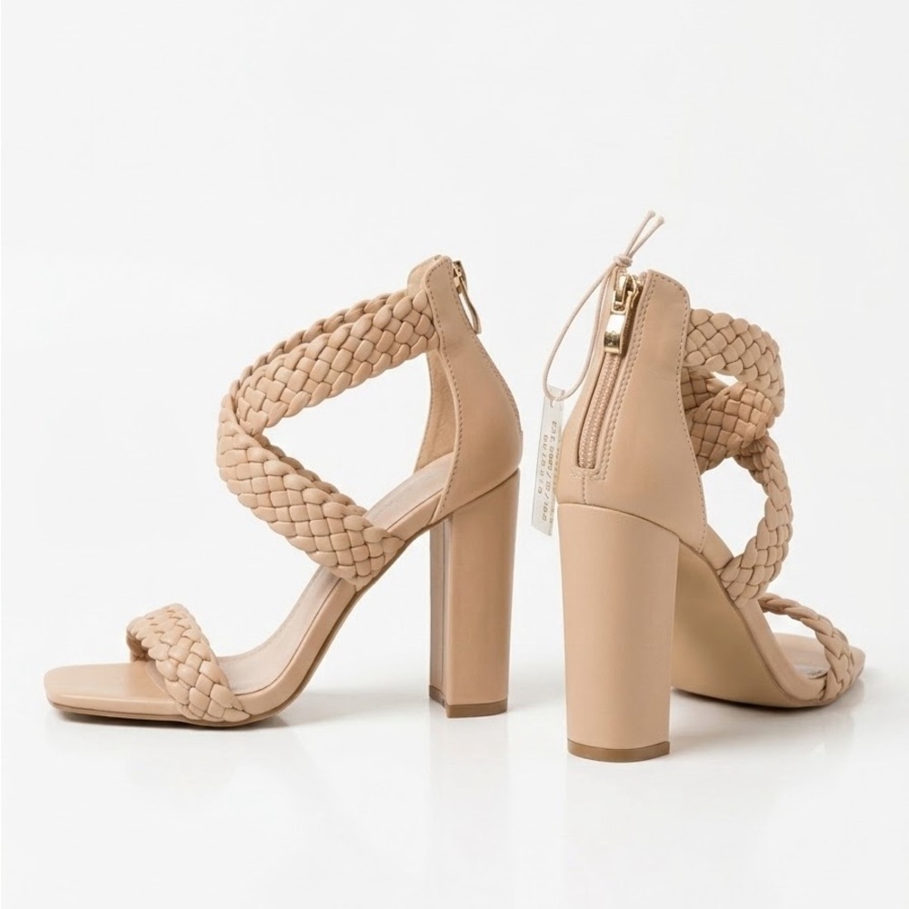 Amazon Braided Strap Block Heel Sandals in Nude